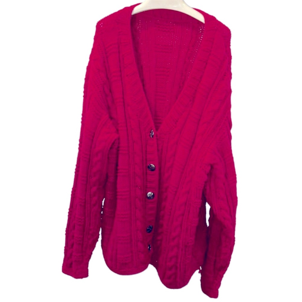Hand Crafted KNIT HOT Pink Barbie Cable knit Cardigan sweater 1X
50 bust…